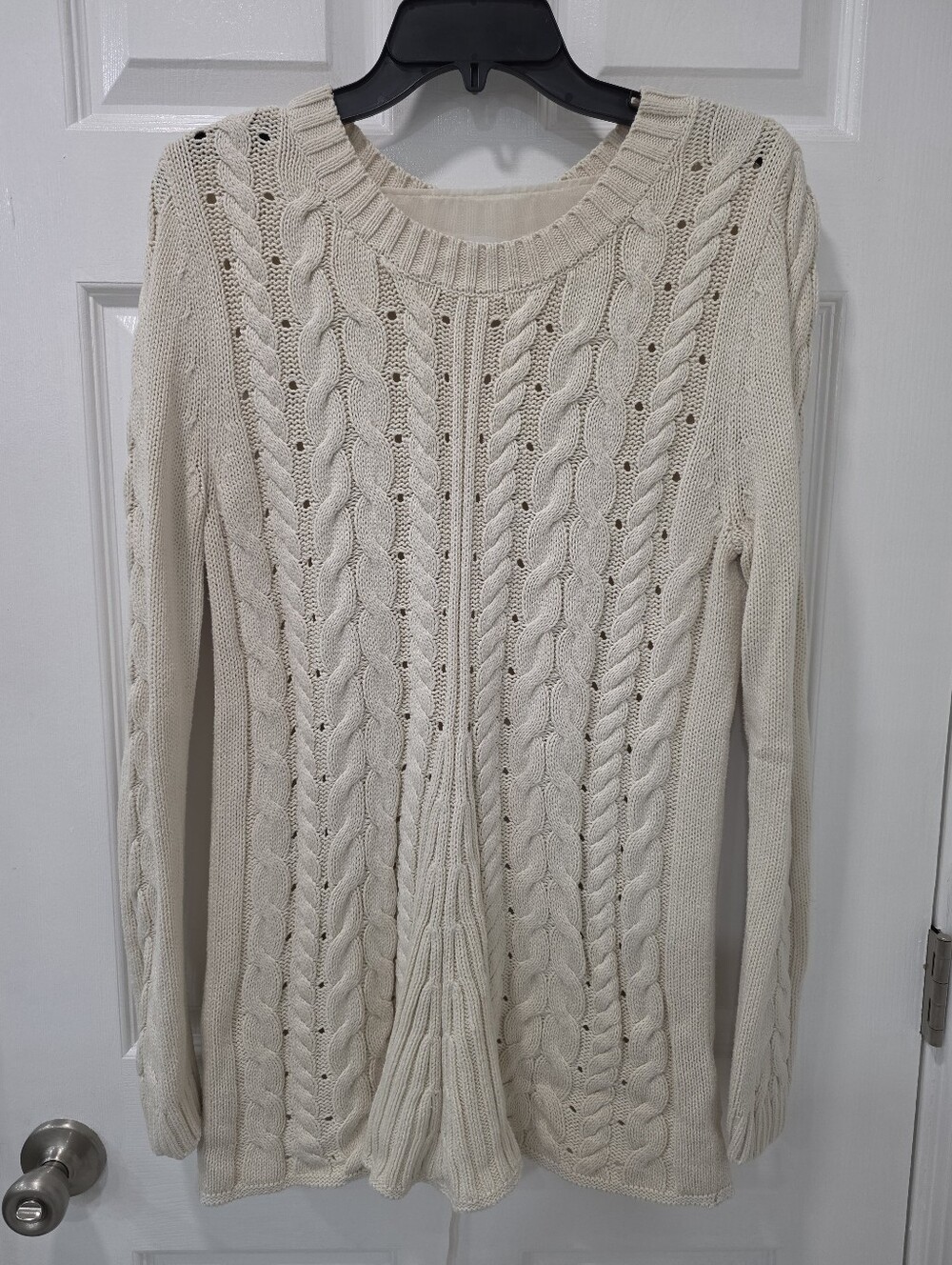CAbi Cream Cable Knit Lace-Up Back Pullover Sweater, Size Medium - Picture 3 of 9